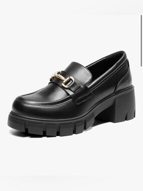 Black Chunky Lug Heel Loafer with Gold Accent